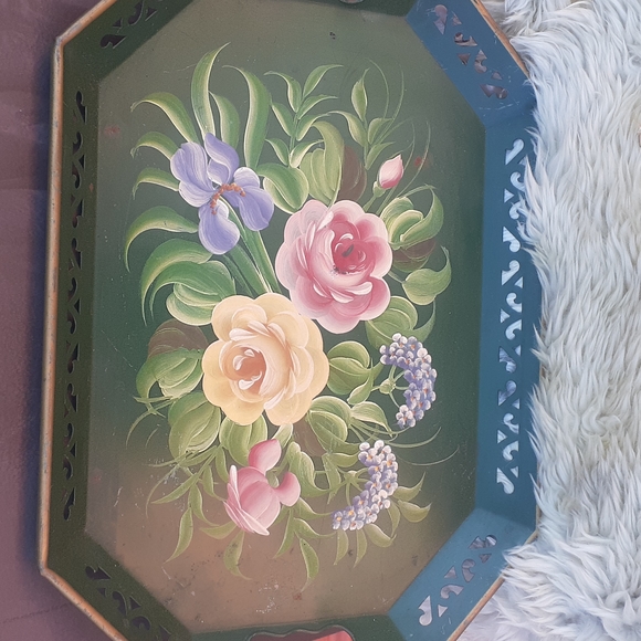 VINTAGE PINK ROSES FLORAL TOLE SERVING TRAY / Display WALL DECOR - Picture 11 of 14